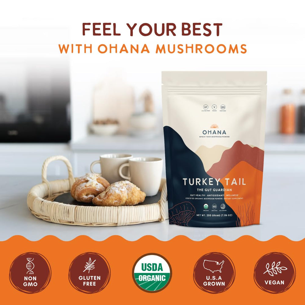 Ohana Turkey Tail smoothie glass demonstrates versatile mix-in for daily routines.
