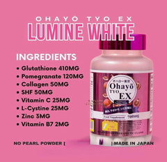 OhayoTYO EX Lumine White nutrition panel highlights glutathione and minerals.