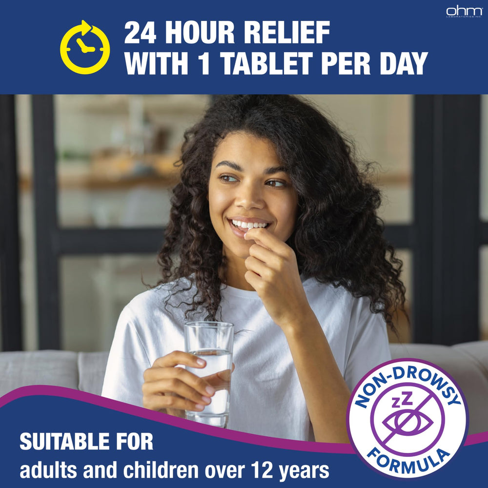 Graphic indicating 24-hour relief from Ohm allergy medicine.