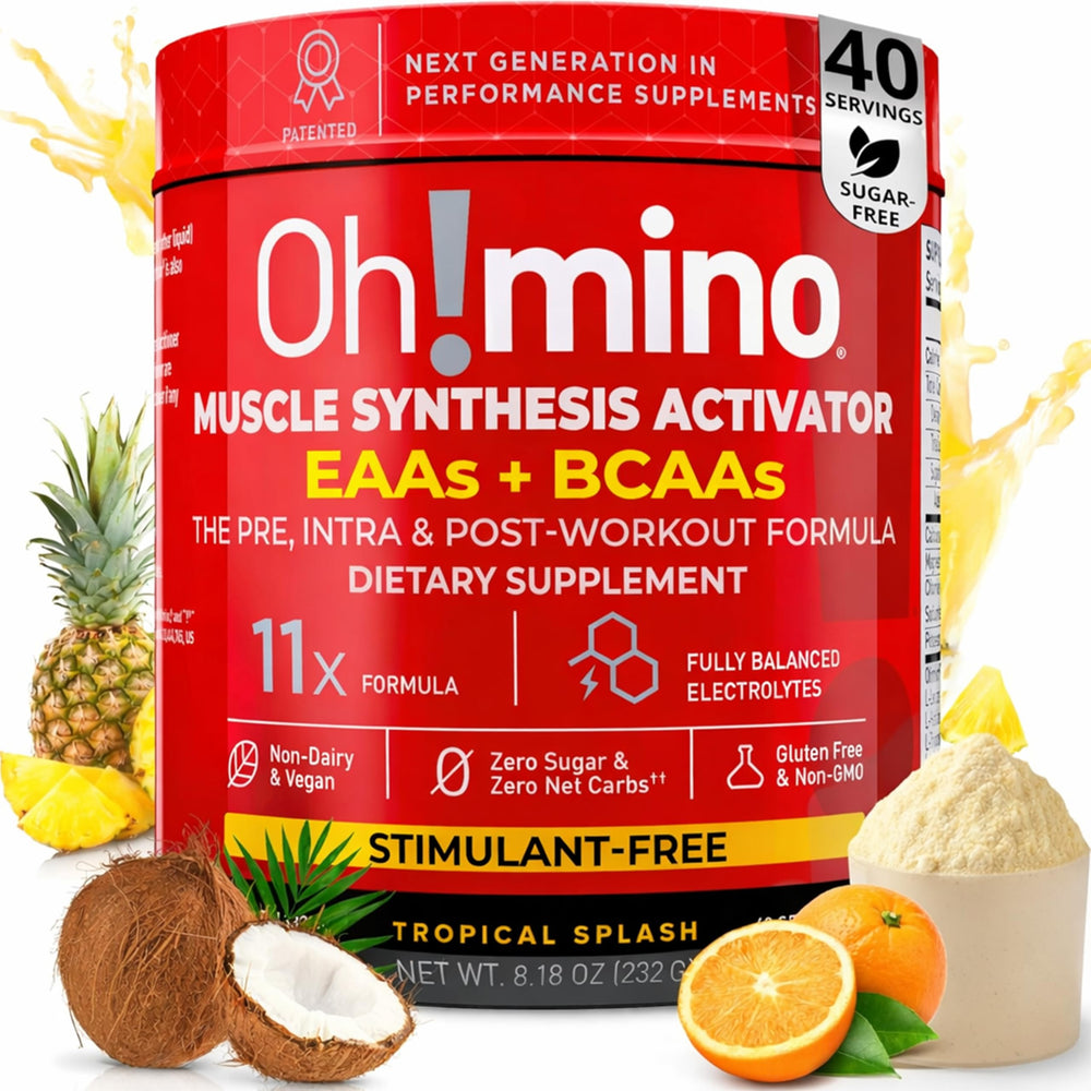Oh!mino BCAAs + EAAs tropical bottle ready for a refreshing workout
