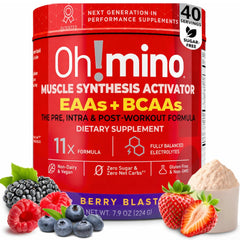 Oh!mino Berry Blast bottle front view highlighting energy-boosting amino blend