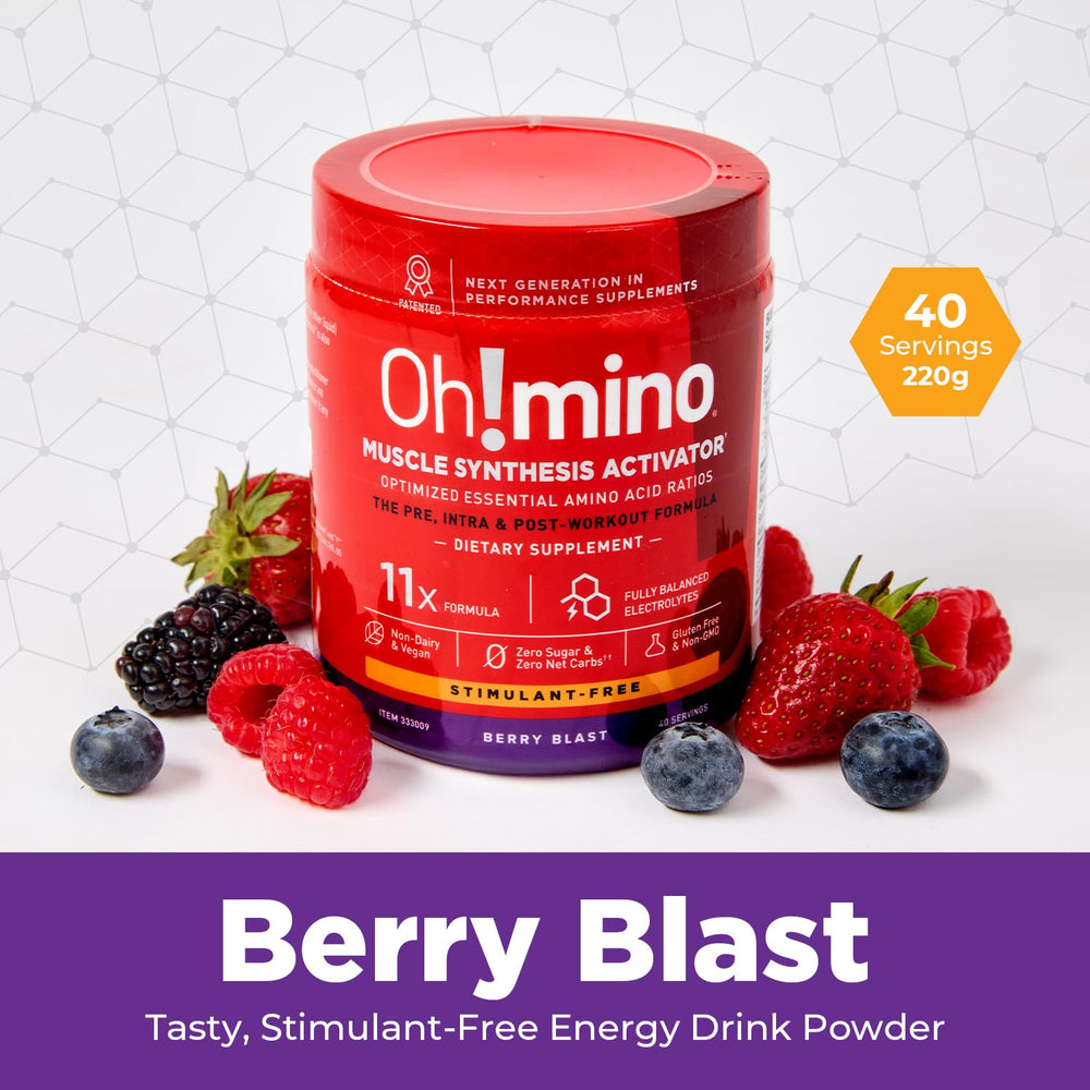 Oh!mino Berry Blast close-up of ingredients signals non-GMO, dairy-free nutrition.