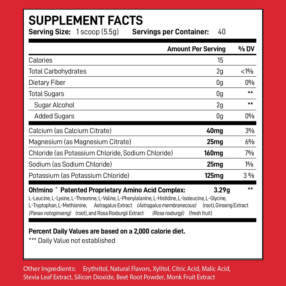 Oh!mino Berry Blast powder being poured highlights stimulant-free formula for steady workouts.