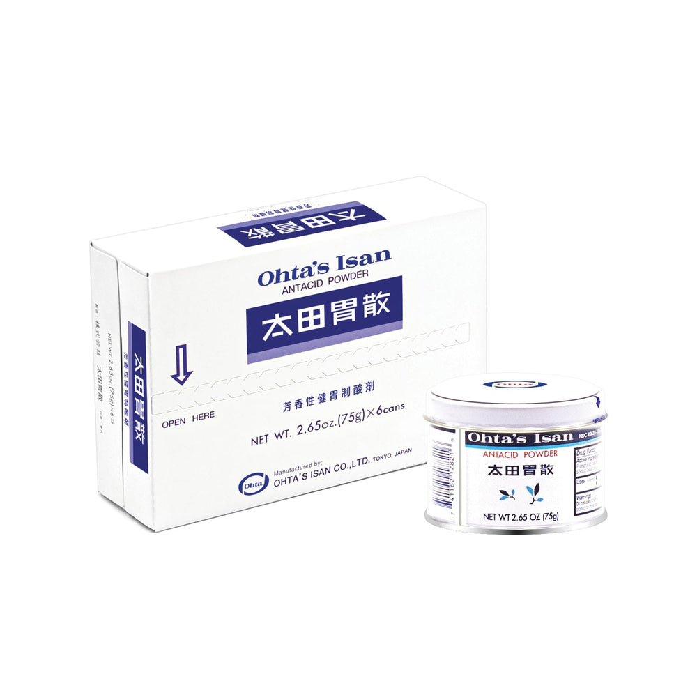 Spoon and water with Ohta's Isan Antacid Powder for quick daily dosing.