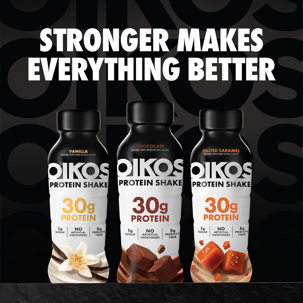 Oikos Salted Caramel Protein Shake being poured into a glass with inviting aroma.