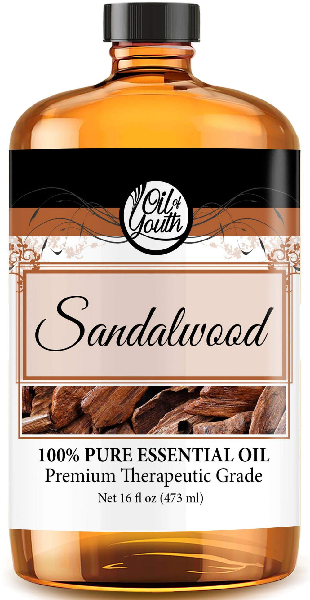 Oil of Youth Sandalwood bottle 16oz for calming aromatherapy and skin care prep.