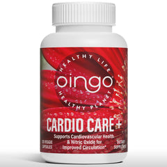 Oingo Cardio Care+ beetroot powder bottle highlighting circulation support.