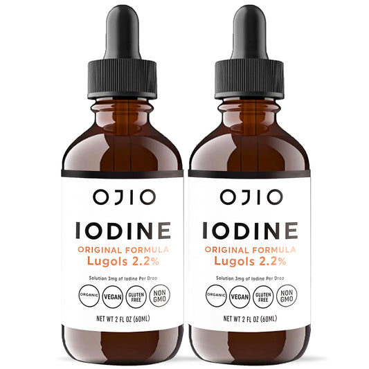 Ojio Lugol's iodine 2% bottle front for dependable daily supplementation.