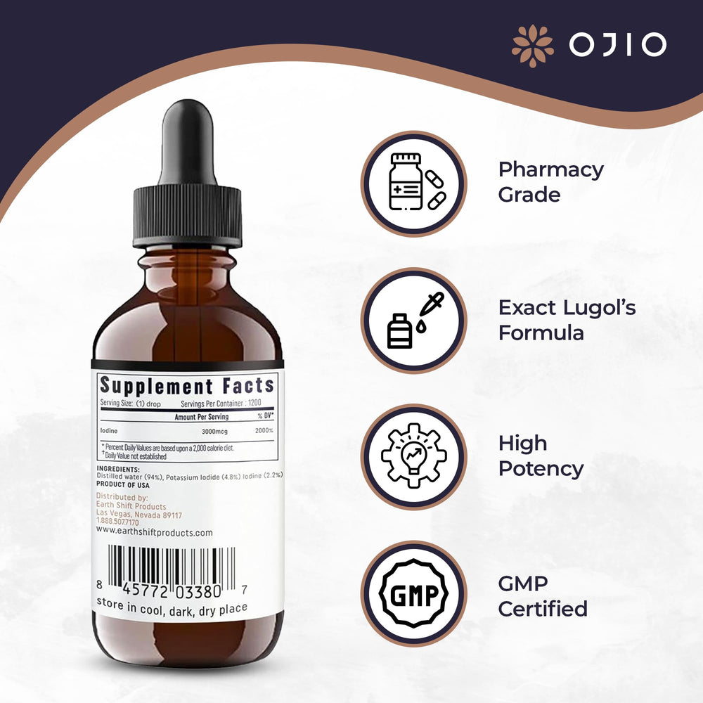 Ojio Lugol's iodine 2% liquid drops easy to ingest or mix.