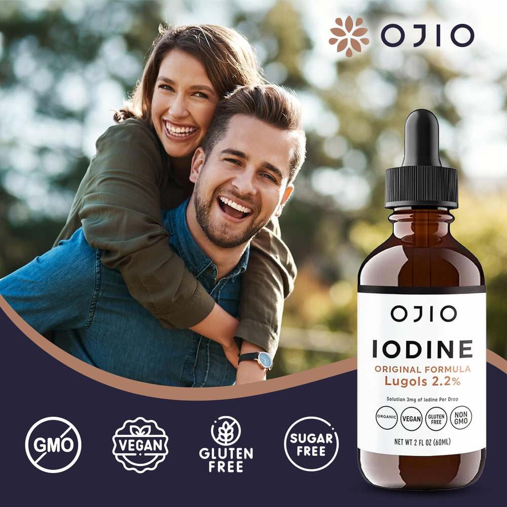 Clear label on Ojio Lugol's Iodine detailing ingredients