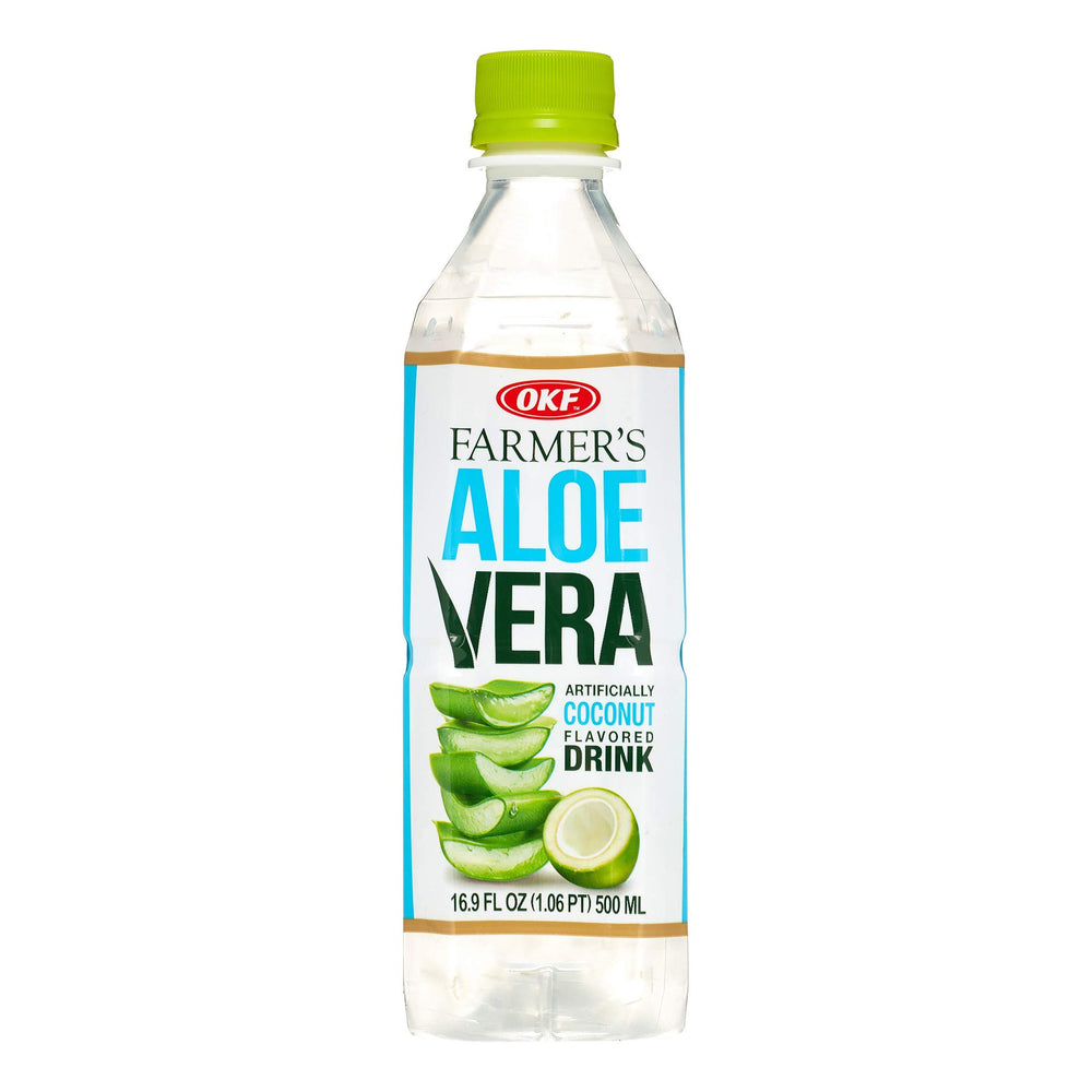 OKF Farmers Aloe Vera Drink Coco 10 bottle with glass, refreshing hydration with natural pulp.