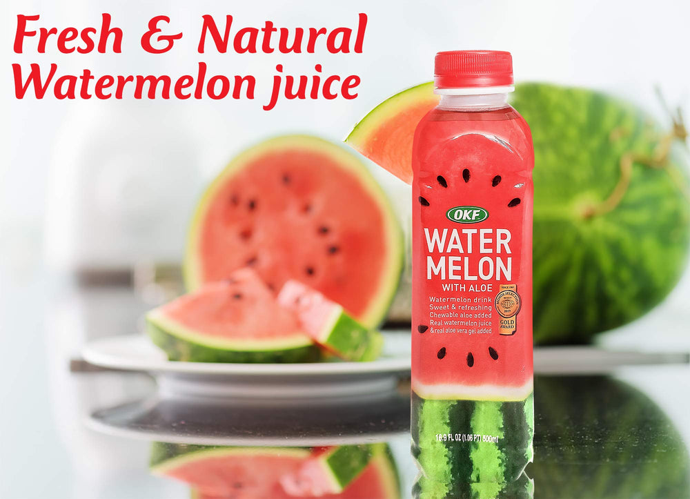 OKF Watermelon with Aloe Vera being poured into a glass for a refreshing sip