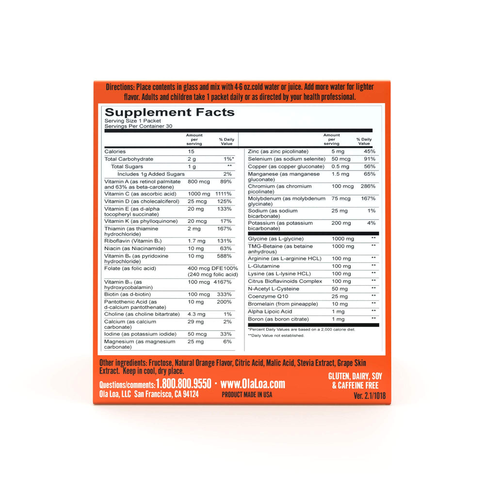 Ola Loa Energy Orange spoon with powder ready to mix