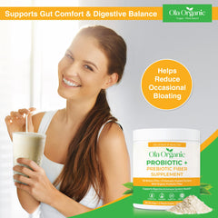 Close-up of Ola Organic probiotic powder label highlighting non-GMO formula