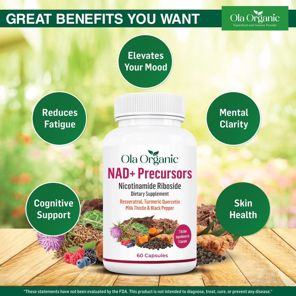 Label view of Ola Organic NAD+ Plus highlighting quality ingredients and testing
