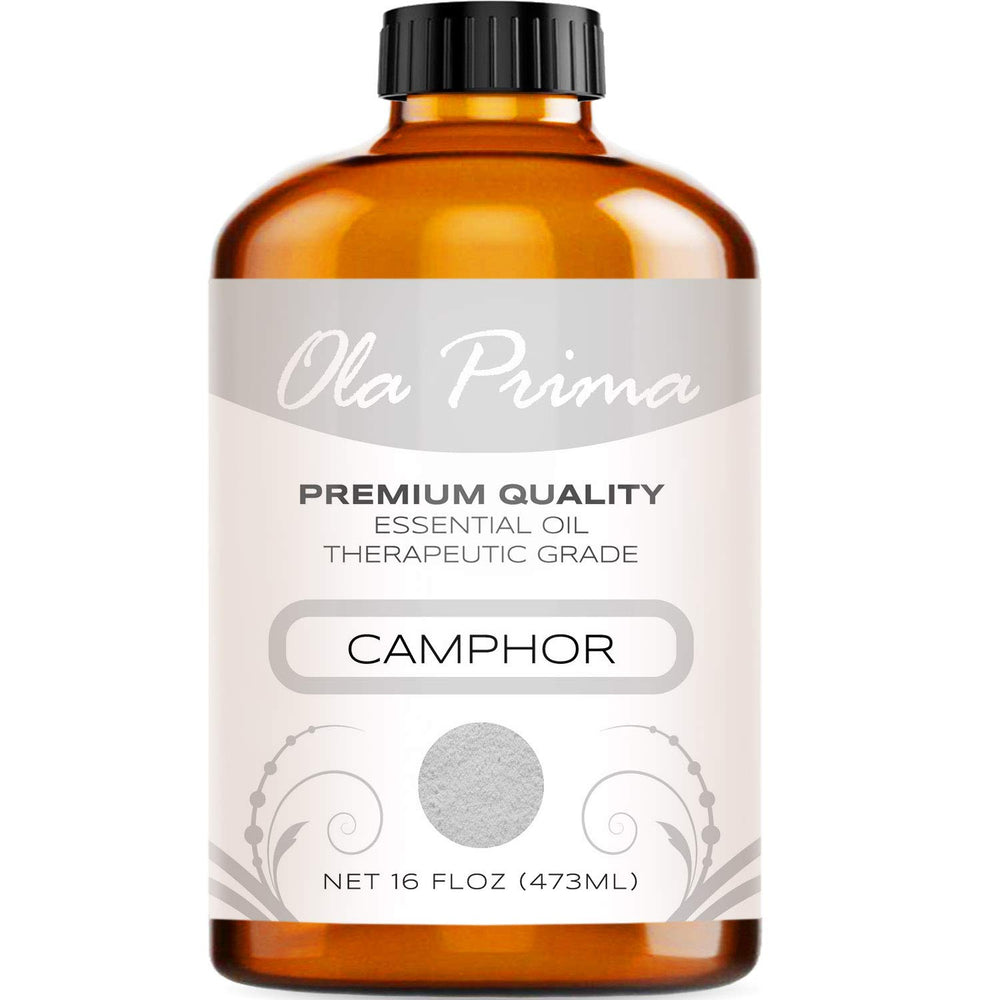 Ola Prima Camphor essential oil bottle highlights aroma freshness for aromatherapy.