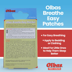 Safe, natural formula signage on Olbas Breathe Easy Patch emphasizes gentle relief.