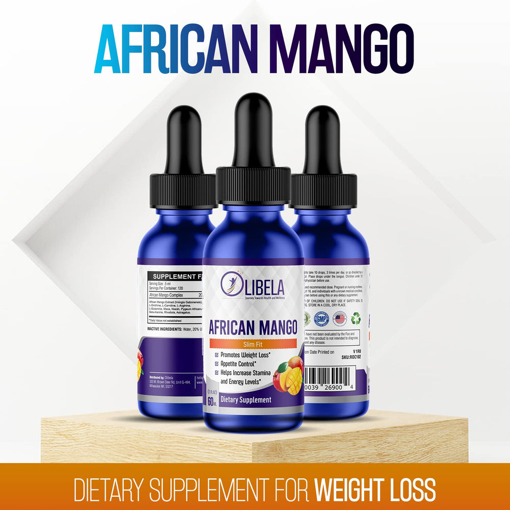 Bright label features vegan icon on OLIBELA African Mango Drops packaging.