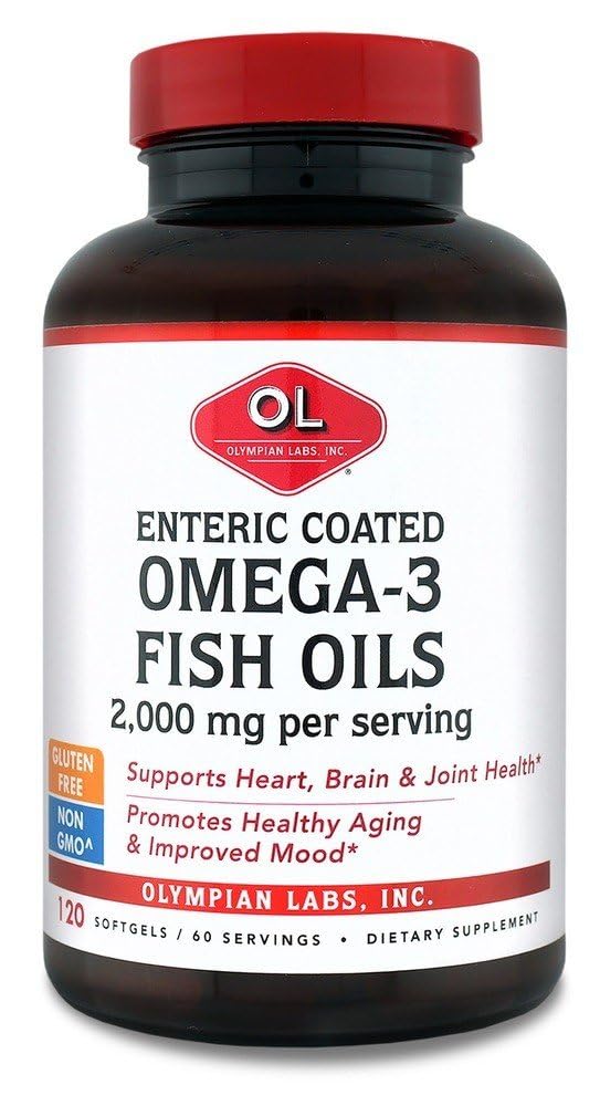 Olympian Labs Enteric Omega-3 bottle showing odor-free, toxin-tested formula.