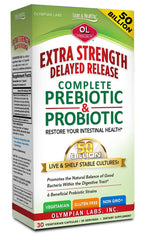 Olympian Labs extra strength prebiotic probiotic bottle promotes balanced digestion.