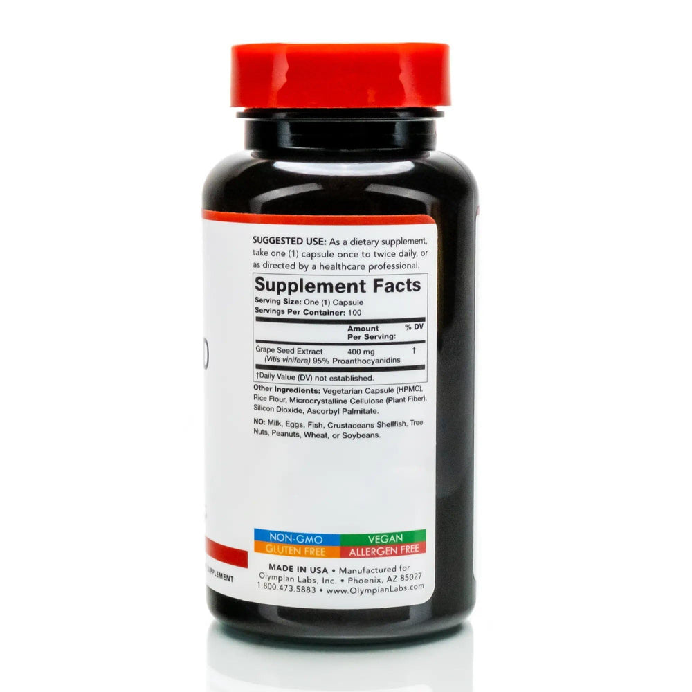Olympian Labs Grape Seed Extract capsules close-up emphasizing easy absorption.