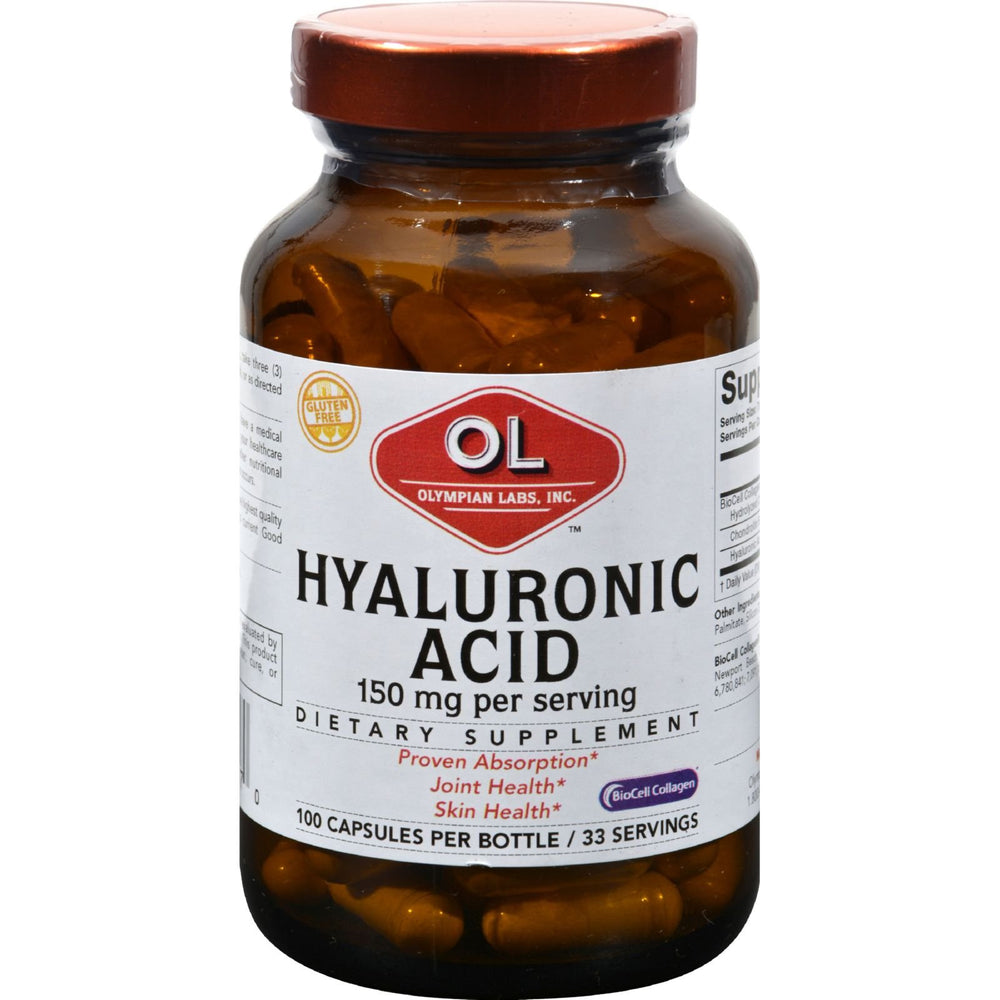 Olympian Labs Hyaluronic Acid 150mg bottle supports joint flexibility and skin hydration.