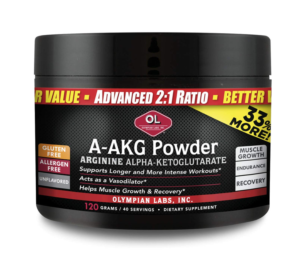 Olympian Labs PSN A-AKG bottle with scoop for pre-workout energy and muscle endurance.