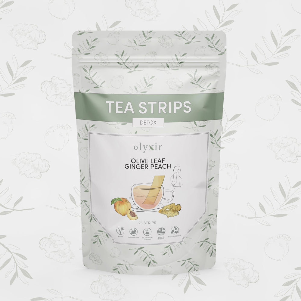 Olyxir Detox Tea Strips with olive leaf, ginger, and peach for a quick, mess-free ritual