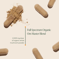 OM Master Blend ingredient mix visual with various mushroom types