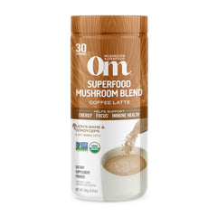 Om Mushroom Superfood Coffee Latte Blend bottle showcases Lions Mane for focus.