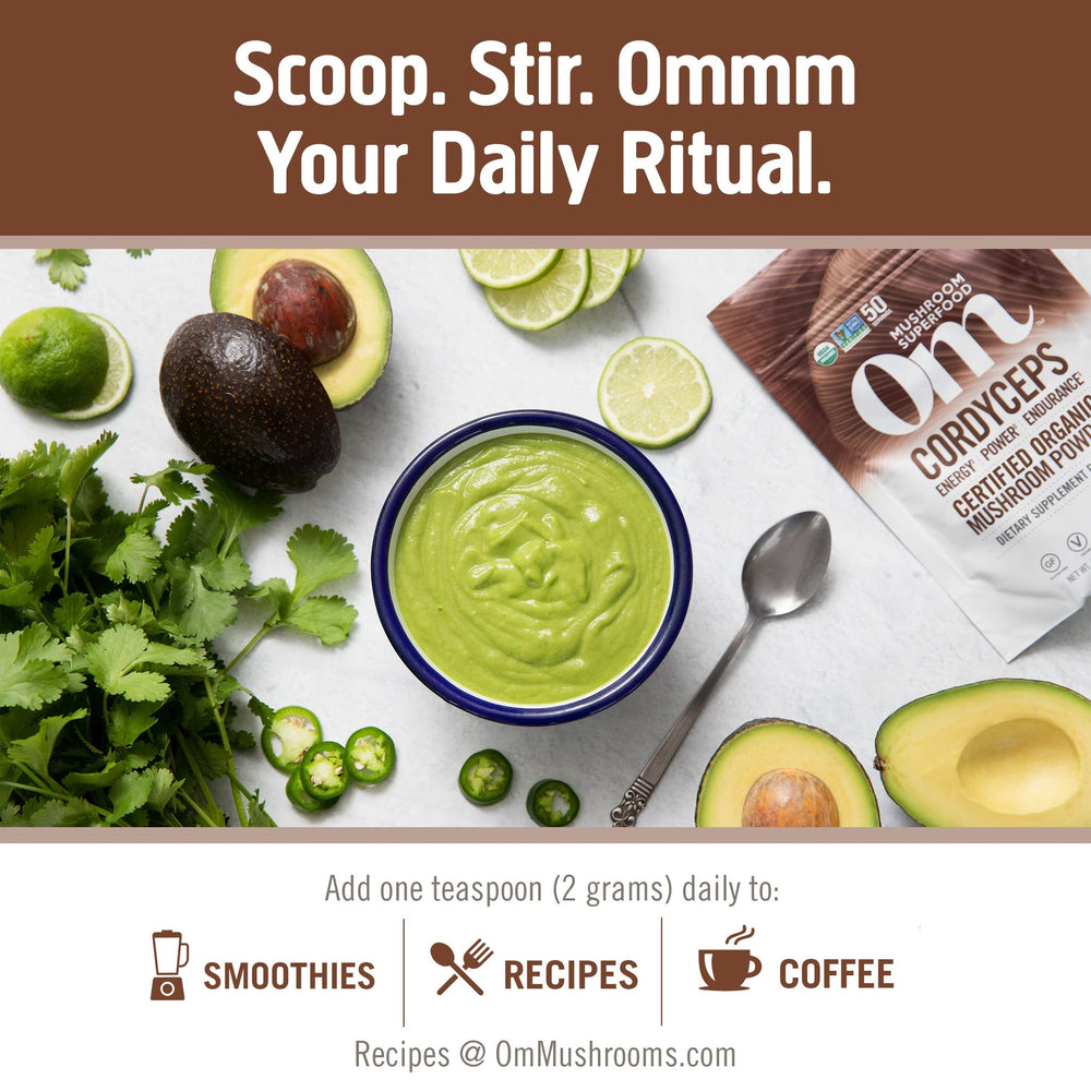 Vibrant smoothie with OM Cordyceps powder for balanced plant-based energy lift