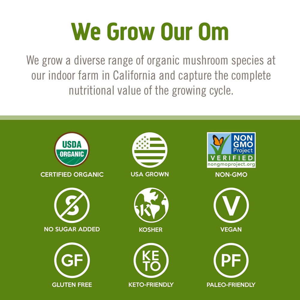 OM Mushroom Reishi certifications highlight USDA Organic and non-GMO status