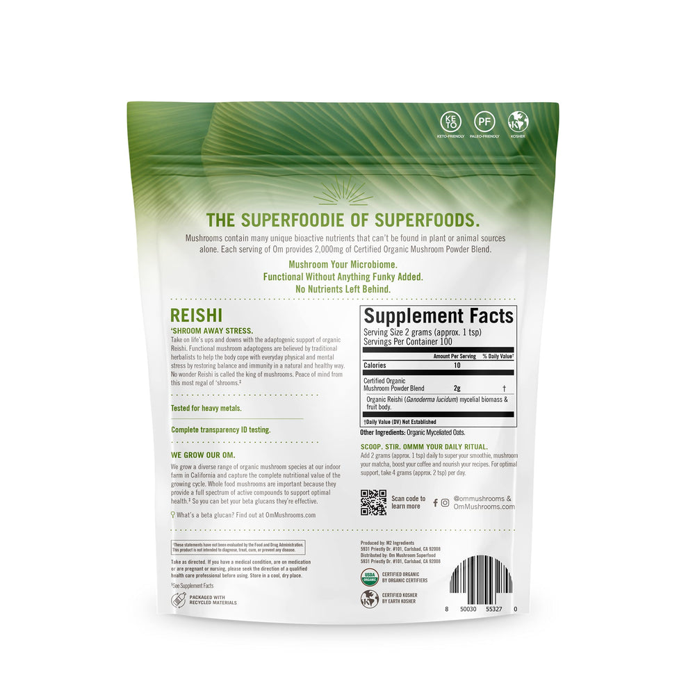 OM Mushroom Reishi powder pouch emphasizes 100 servings