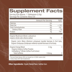 Front view of the 6.24 oz OM MUSHROOM SUPERFOOD canister with label.