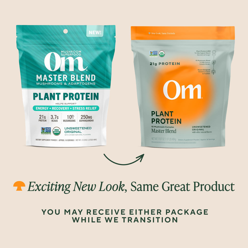 OM MUSHROOM SUPERFOOD Master Blend bag back label with mushrooms and BCAAs.