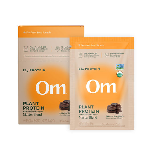 OM MUSHROOM SUPERFOOD Master Blend chocolate packet for a protein-packed daily energy boost