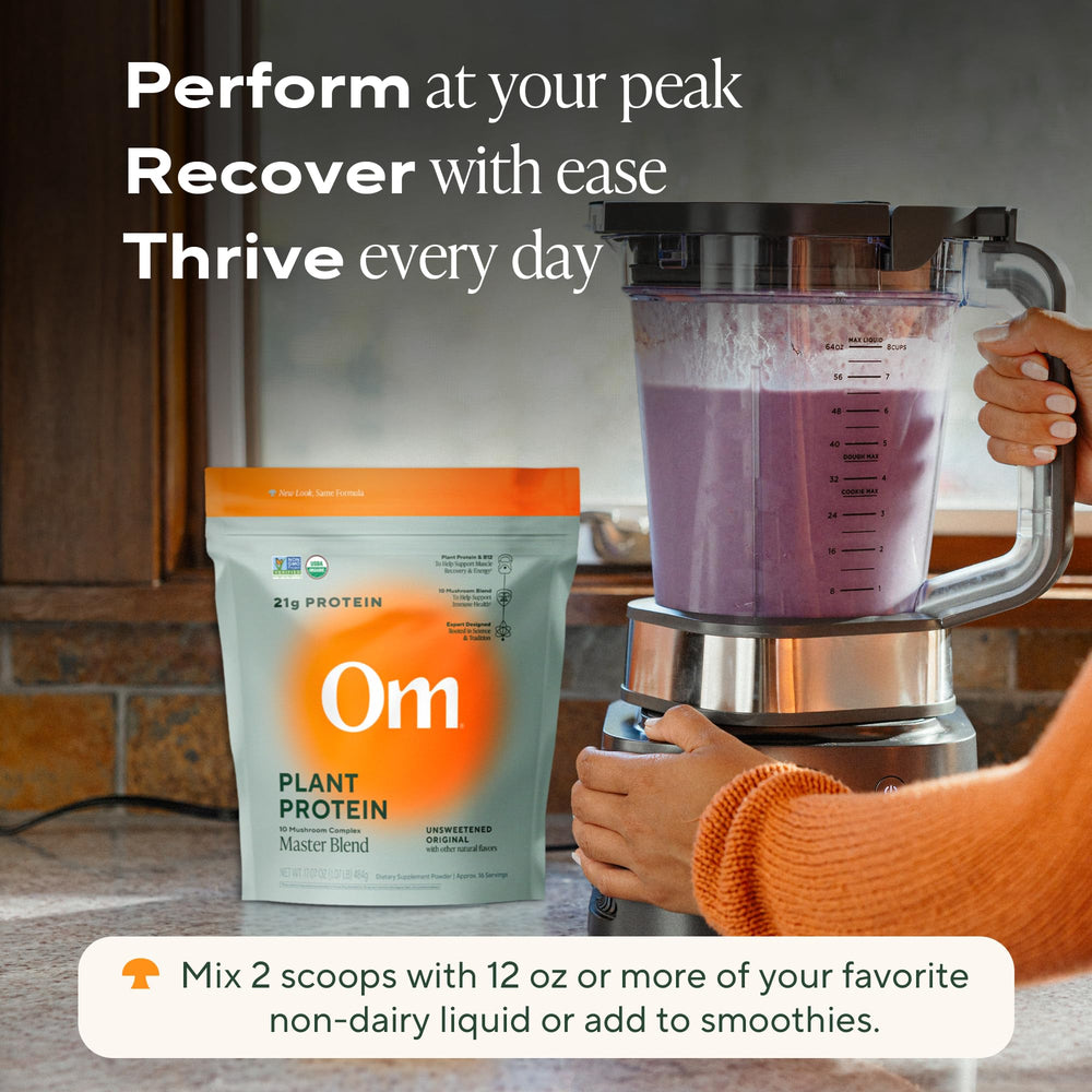 Shaker with Master Blend shake, plant-based protein drink.