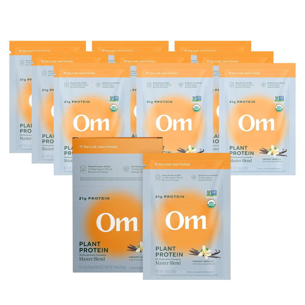 OM MUSHROOM SUPERFOOD Master Blend vanilla protein packet ready to mix for daily energy