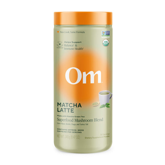 OM Mushroom Superfood Matcha Latte Canister showing 30 servings for daily focus