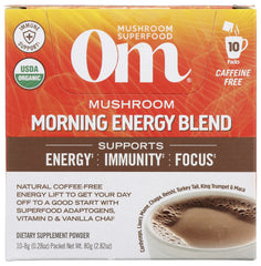 Om Mushroom Superfood Morning Energy Blend powder for a caffeine-free energy lift and focus.