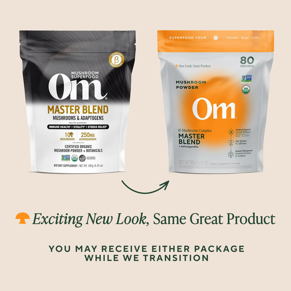 OM Mushrooms Master Blend third-party testing seal on packaging.