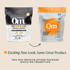 OM Mushrooms Master Blend third-party testing seal on packaging.