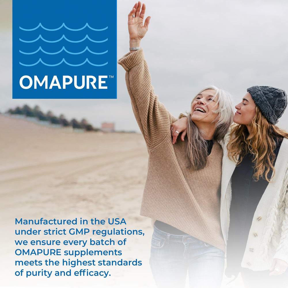 Bottled OMAPURE fish oil with softgels ready for daily use.