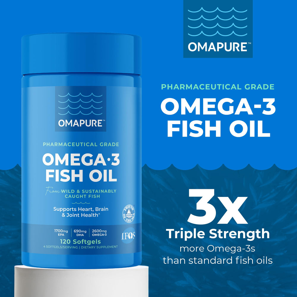 OMAPURE Fish Oil bottle back label with 5-bottle pack and IFOS testing