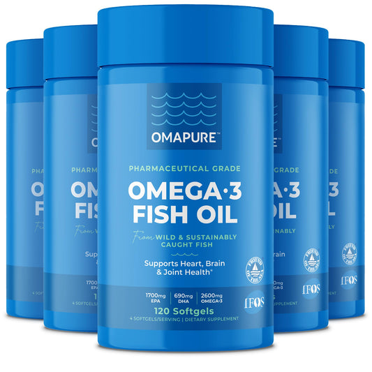 OMAPURE Fish Oil bottle front showing 75% Omega-3 purity for daily support