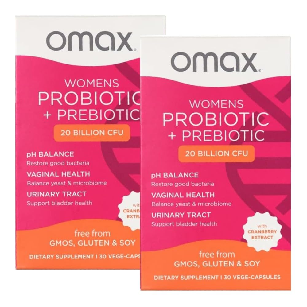 Omax3 two-box probiotic capsules for women's health support.