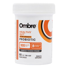 Ombre Healthy Gut Probiotics bottle on table showing packaging and design for gut balance
