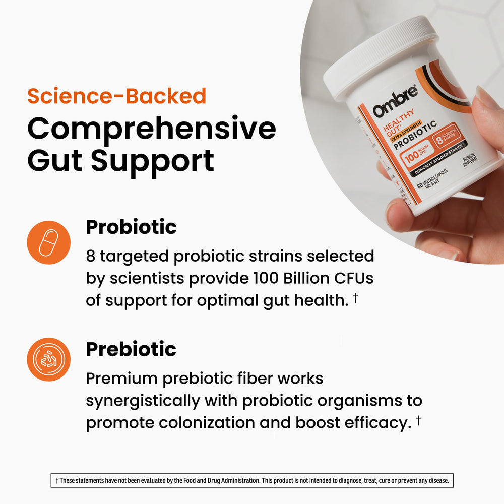 Ombre probiotic bottle label featuring vegan and non-GMO indicators