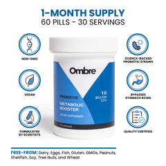 Ombre Metabolic Booster Probiotic ingredients label shows 10B CFU and prebiotic fiber.
