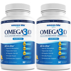 Omega Blu Triple Strength bottle pour showing a smooth, burp-free experience for daily heart health.